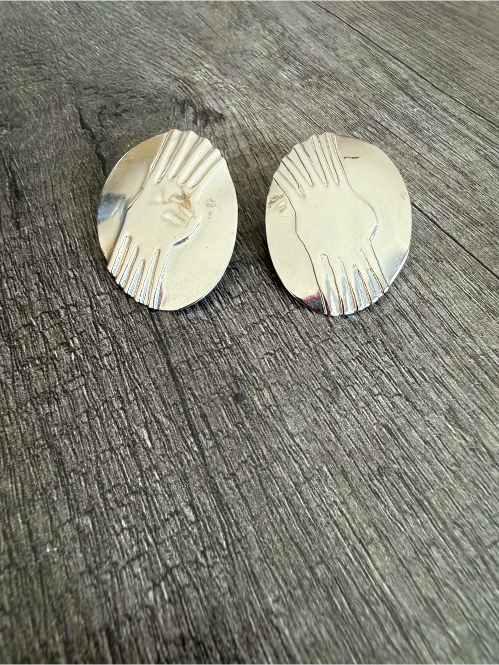Hand Motif Silver-Tone Oval Earrings